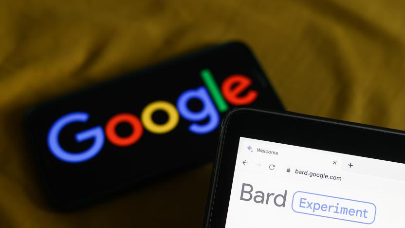 Google logo displayed on a phone screen and Bard website displayed on a laptop screen are seen in this illustration photo taken in Krakow, Poland on March 21, 2023. (Photo by Jakub Porzycki/NurPhoto via Getty Images)