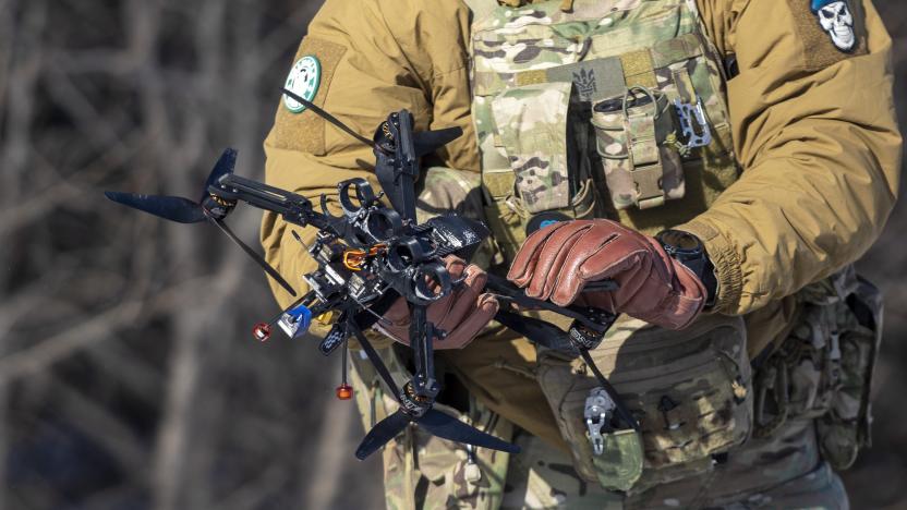 DONETSK OBLAST, UKRAINE - FEBRUARY 8: A Ukrainian serviceman prepares to operate an unmanned air vehicle (UAV) in Donetsk Oblast, Ukraine on February 08, 2023. (Photo by Mustafa Ciftci/Anadolu Agency via Getty Images)