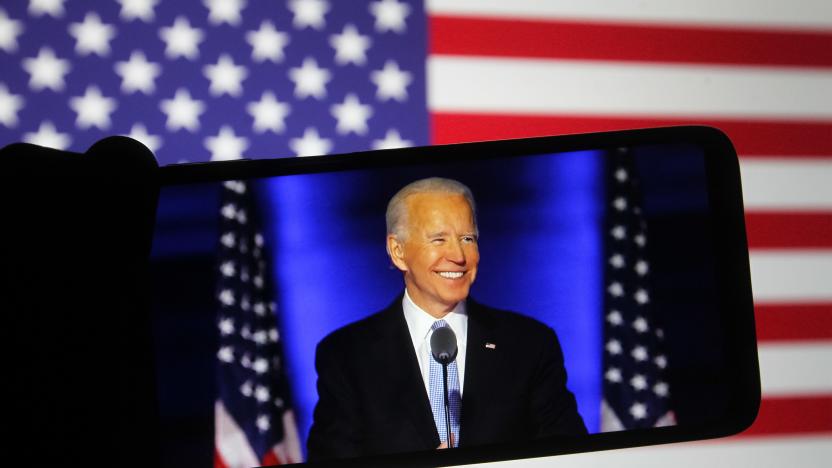 UKRAINE - 2020/11/08: In this photo illustration the US Democratic presidential candidate Joe Biden speaks during a rally in Wilmington on a YouTube video displayed on a screen of a smartphone. (Photo Illustration by Pavlo Conchar/SOPA Images/LightRocket via Getty Images)