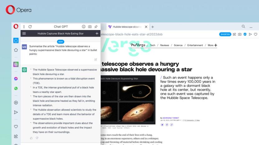 A screenshot showing off Opera's new ChatGPT integration, which includes a sidebar for creating summaries of articles and webpages. 