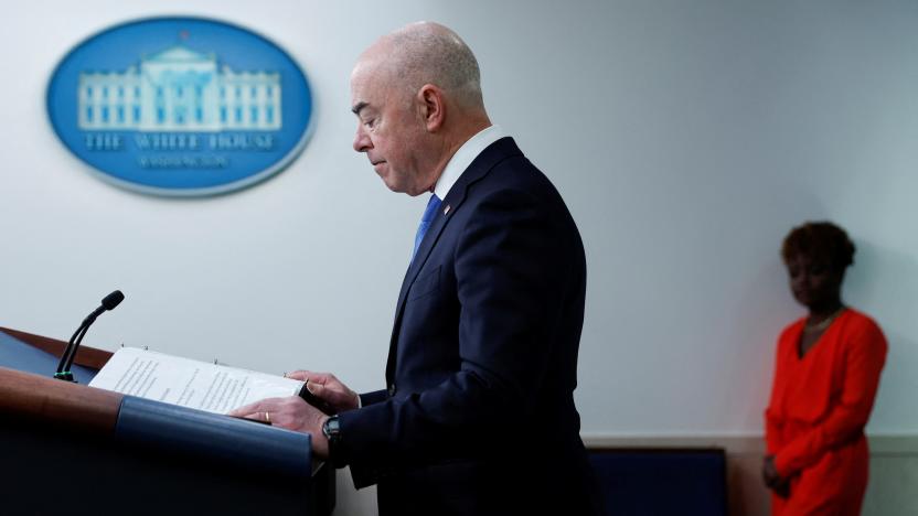 U.S. Secretary of Homeland Security Alejandro Mayorkas joins White House Press Secretary Karine Jean-Pierre for the daily press briefing at the White House in Washington, U.S. May 11, 2023.  REUTERS/Jonathan Ernst