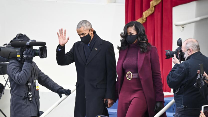 WASHINGTON, DC - JANUARY 20: Barack and Michelle Obama arrive before Joe Biden is sworn in as 46th President of the United States on January 20, 2021 in Washington, DC. (Photo by Jonathan Newton/The Washington Post via Getty Images)