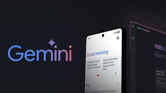 Gemini logo with two phones. Black background.