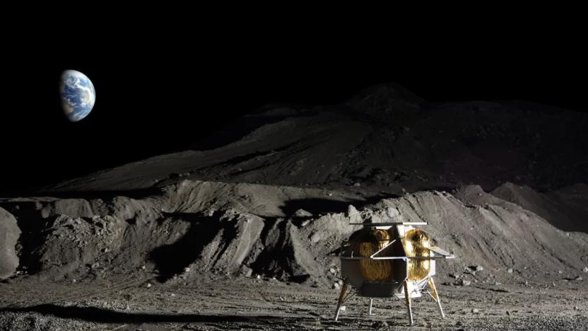 A rendering of Astrobotic's Peregrine lander on the surface of the moon, with Earth visible in the distance