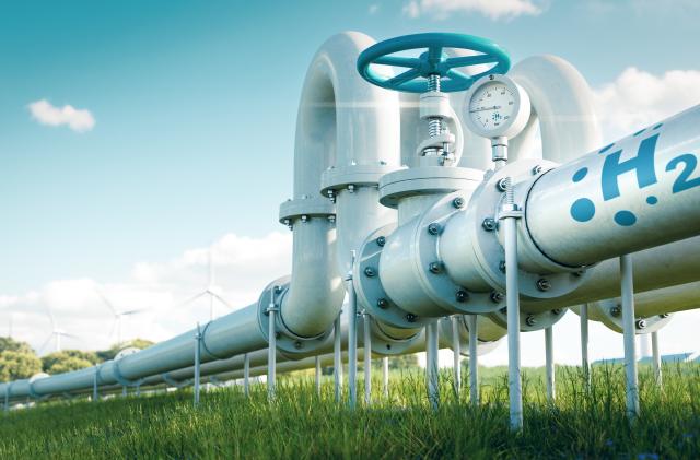 A hydrogen pipeline illustrating the transformation of the energy sector towards to ecology, carbon neutral, secure and independent energy sources to replace natural gas. 3d rendering