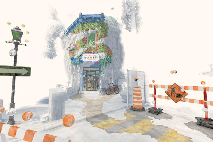 Screenshot of a game called Été. A street scene depicts construction and a corner store. The environment is created in a watercolor art style, with much of the image still white and yet to be "painted."