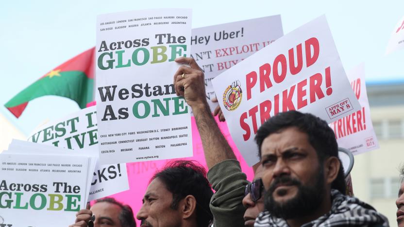 Drivers takes part in a protest against Uber and other app-based ride-hailing companies outside the Uber Greenlight offices in the Queens borough of New York, U.S., May 8, 2019. REUTERS/Shannon Stapleton.