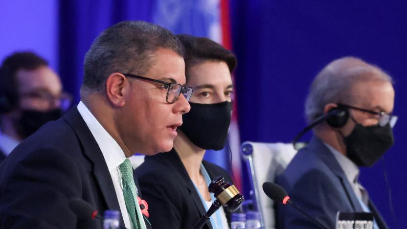 COP26 President Alok Sharma holds a gavel as he speaks at the UN Climate Change Conference (COP26) in Glasgow, Scotland, Britain November 13, 2021.