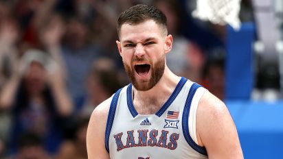 Getty Images - LAWRENCE, KANSAS - FEBRUARY 03:  Hunter Dickinson #1 of the Kansas Jayhawks reacts after scoring during the first half of the game against the Houston Cougars at Allen Fieldhouse on February 03, 2024 in Lawrence, Kansas. (Photo by Jamie Squire/Getty Images)