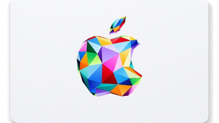 A white Apple gift card with multiple colors in the logo. 