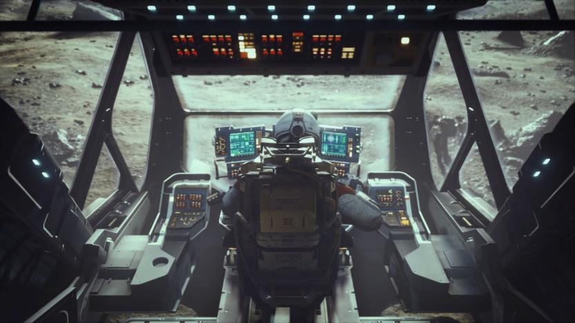 A pilot of a spaceship shown from behind as they look out onto a rocky environment in 'Starfield.'