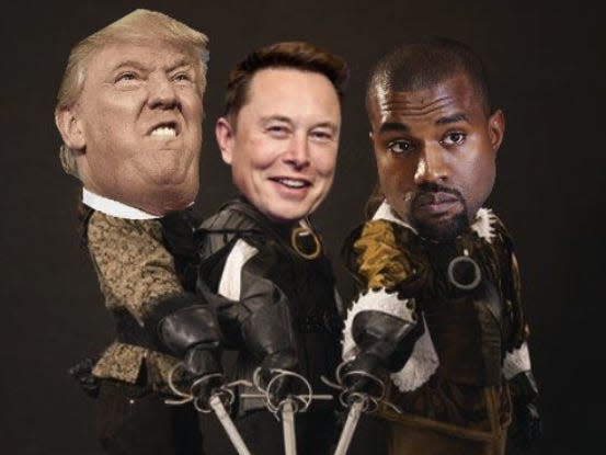 Elon Musk posts then deletes a meme showing him, Trump, and Kanye West as the Th..