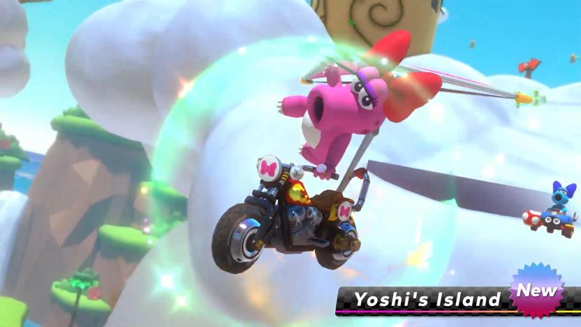Birdo soars through the air in a motorbike in Mario Kart 8 Deluxe.