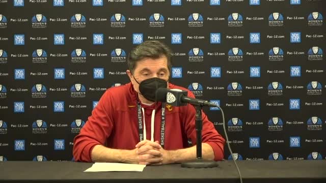 USC head coach Mark Trakh addresses media after a first-round victory in the 2021 Pac-12 Women's Basketball Tournament