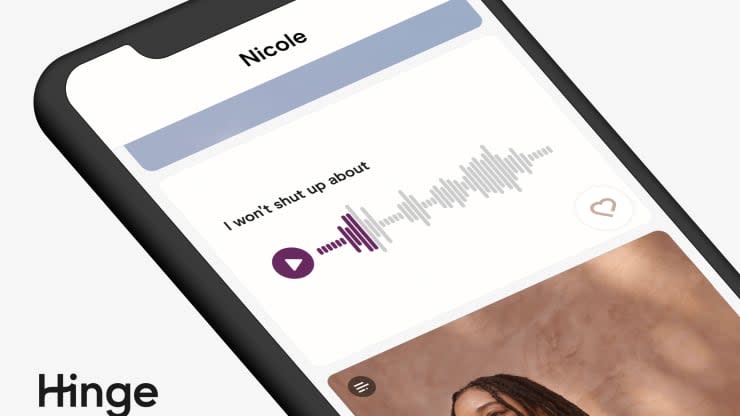 A screenshot of the dating app Hinge, showing a feature that allows users to record voice clips and add them to profiles to show off their personality.