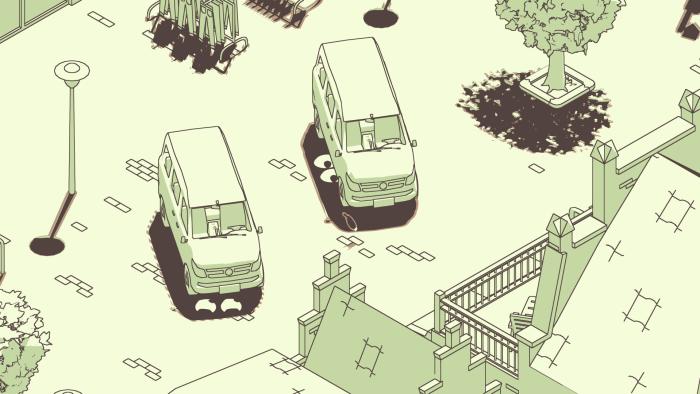 A stylized rendering of an urban scene with eyes poking out form the shadows of vehicles.