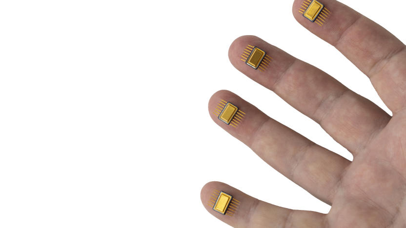 implantation of a chip under the human skin. microchips are connected to the fingers of the hand. concept of future technologies aimed at tracking and identifying people.