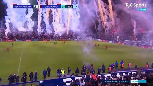 Fans’ early celebration turns soccer pitch into fireworks show