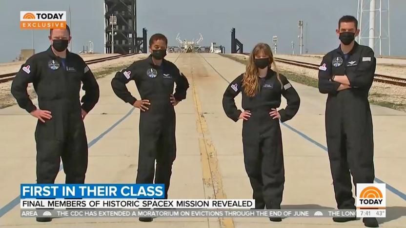 A still from a Today news broadcast showing four people picked as the first all-civilian crew.