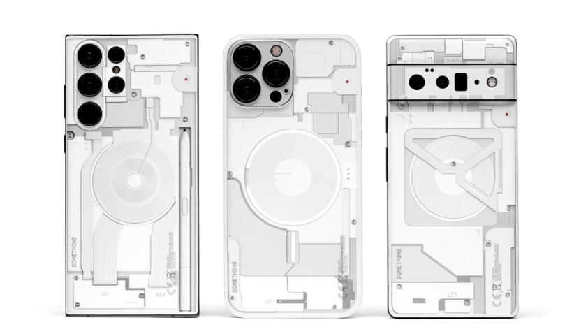 Dbrand "Something" skin on a Galaxy S22 Ultra, iPhone 13 Pro Max and Pixel 6 Pro.  