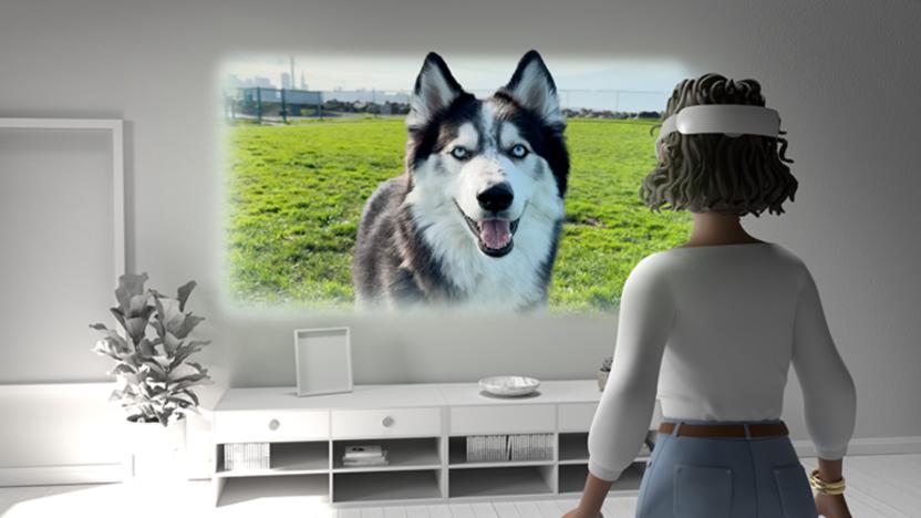 A cartoon avatar wearing a headset and watching a video of a dog.