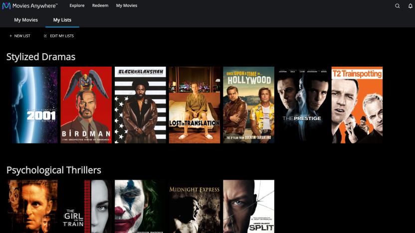 A screenshot of the Movies Anywhere My Lists section.