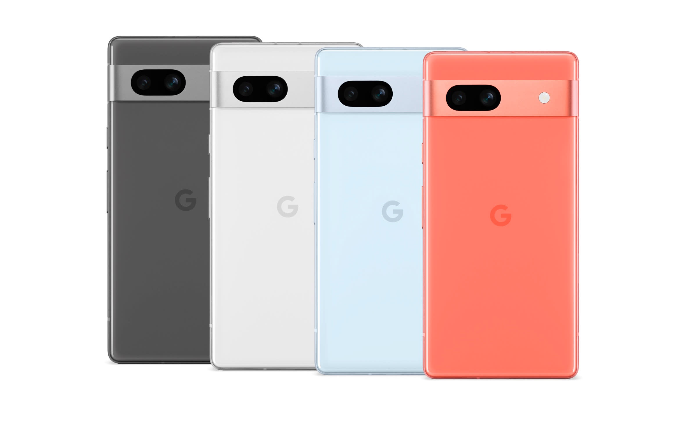 All four colors of Google’s $499 Pixel 7a are shown lined up next to each other.