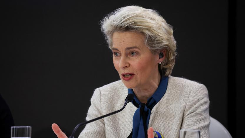 European Commission President Ursula von der Leyen speaks as she takes part in a global event titled 'Stand Up For Ukraine' at the Palace on the Isle in Royal Lazienki Park in Warsaw, Poland, April 9, 2022. REUTERS/Kacper Pempel