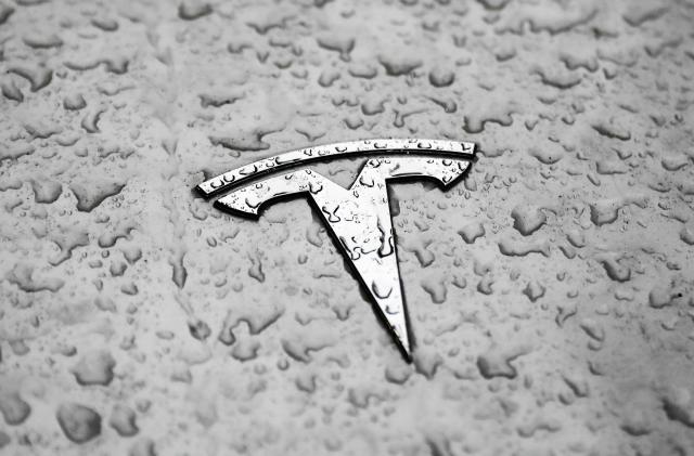 Raindrops are seen on the logo of Tesla car in Milan, Italy on November 25, 2021. (Photo by Jakub Porzycki/NurPhoto via Getty Images)