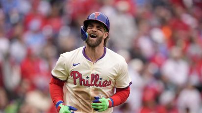 Associated Press - Philadelphia Phillies' Bryce Harper reacts after hitting an RBI-sacrifice flay against Chicago White Sox pitcher Tanner Banks during the fourth inning of a baseball game, Sunday, April 21, 2024, in Philadelphia. (AP Photo/Matt Slocum)