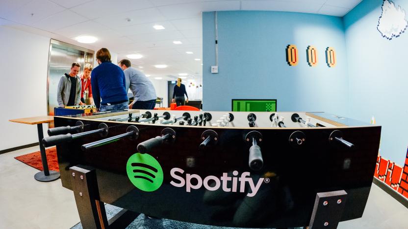 The Spotify logo is pictured on a football table placed in a playroom at the company headquarters in Stockholm on February 16, 2015. AFP PHOTO/JONATHAN NACKSTRAND        (Photo credit should read JONATHAN NACKSTRAND/AFP via Getty Images)