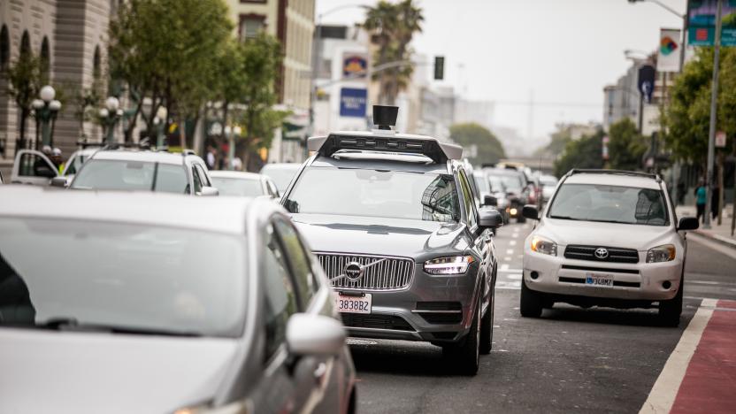 San Francisco, California, USA - May 16, 2017: An Uber self-driving Volvo XC90 SUV on 7th street and Market part of Uber's testing program within San Francisco that resumed in March.