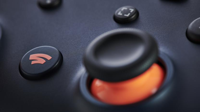 Close-up detail of the Home button on a Google Stadia video game controller with a Night Blue finish, taken on November 27, 2019. (Photo by Olly Curtis/Future Publishing via Getty Images)