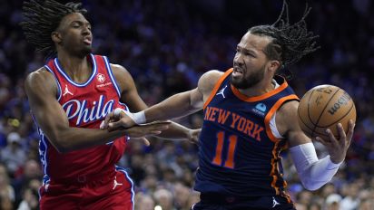 Associated Press - New York Knicks' Jalen Brunson, right, tries to get past Philadelphia 76ers' Tyrese Maxey during the first half of Game 4 in an NBA basketball first-round playoff series, Sunday, April 28, 2024, in Philadelphia. (AP Photo/Matt Slocum)