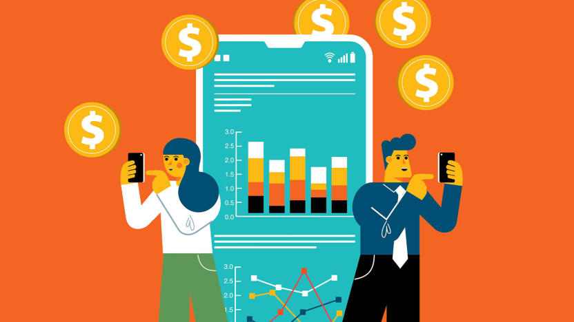 An illustration of a smartphone and two people against an orange background meant to convey the idea of a budgeting app