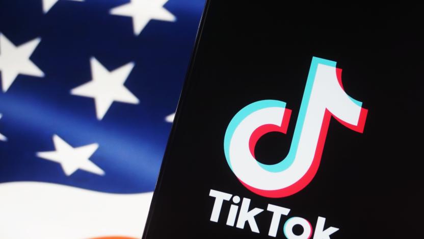 HANGZHOU, CHINA - MAY 08 2024: A setup image of a phone screen showing TikTok and a screen showing Stars and Stripes. (Photo credit should read LONG WEI / Feature China/Future Publishing via Getty Images)