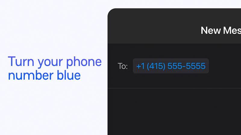 A graphic showing a messaging app on the right with a number in blue. To the left of the app are the words "Turn your phone number blue."