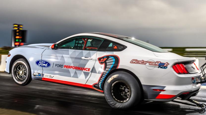 Engineered to shatter towering performance goals without using a drop of fuel, the all-electric Ford Mustang Cobra Jet 1400 prototype has blazed through a quarter-mile in 8.27 seconds at 168 miles per hour and reached 1,502 peak wheel horsepower in recent private development testing.