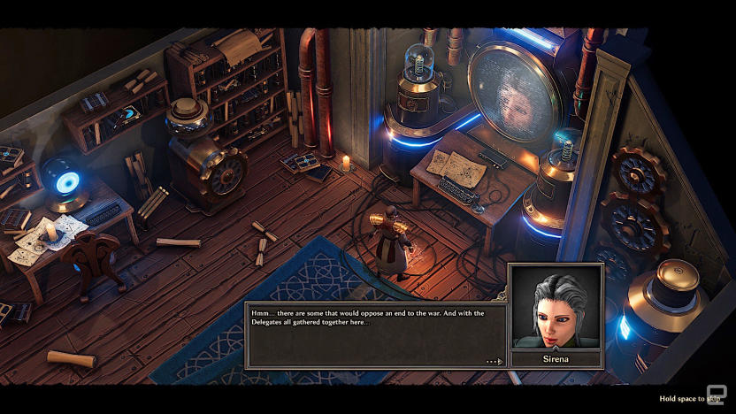 A still from the video game Unsung Story, showing a cluttered steam-punk style room.