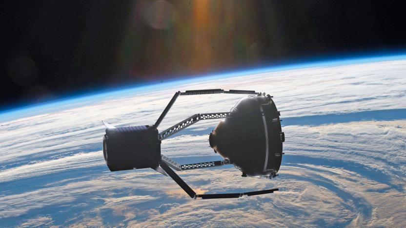 A rendering of the ClearSpace-1 craft in orbit above Earth grabbing Vespa debris.