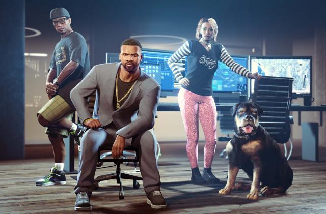 Franklin Clinton, his dog Chop and friends in a GTA Online mission called "The Contract."