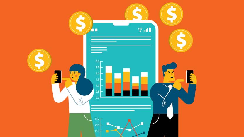 An illustration of a smartphone and two people against an orange background meant to convey the idea of a budgeting app