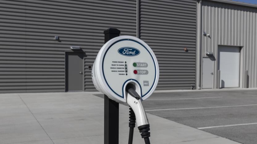 Kokomo - Circa August 2021: Ford Electric charging station for the Mustang Mach-E, Fusion Plug-In and the F-150 Lightning.