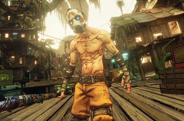 A masked, shirtless character wields a spiked club in Borderlands 3.