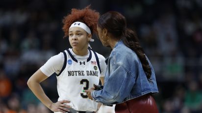 Getty Images - ALBANY, NEW YORK - MARCH 29: Hannah Hidalgo #3 of the Notre Dame Fighting Irish speaks to head coach Niele Ivey against the Oregon State Beavers during the second half in the Sweet 16 round of the NCAA Women's Basketball Tournament at MVP Arena on March 29, 2024 in Albany, New York. (Photo by Sarah Stier/Getty Images)