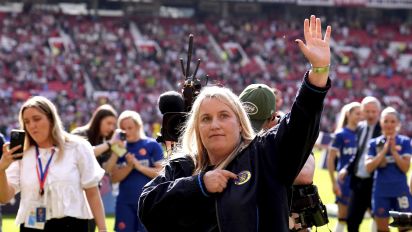 Associated Press - Chelsea manager Emma Hayes waves to the fans after the team won at the English Women's Super League soccer match between Manchester United and Chelsea at Old Trafford, in Manchester, England, Saturday, May 18, 2024. (Martin Rickett/PA via AP)