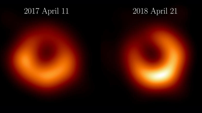 Two orange halo-like images of black holes in the black void of space with the dates of 2017 above the left and 2018 above the right version, which is slightly brighter.