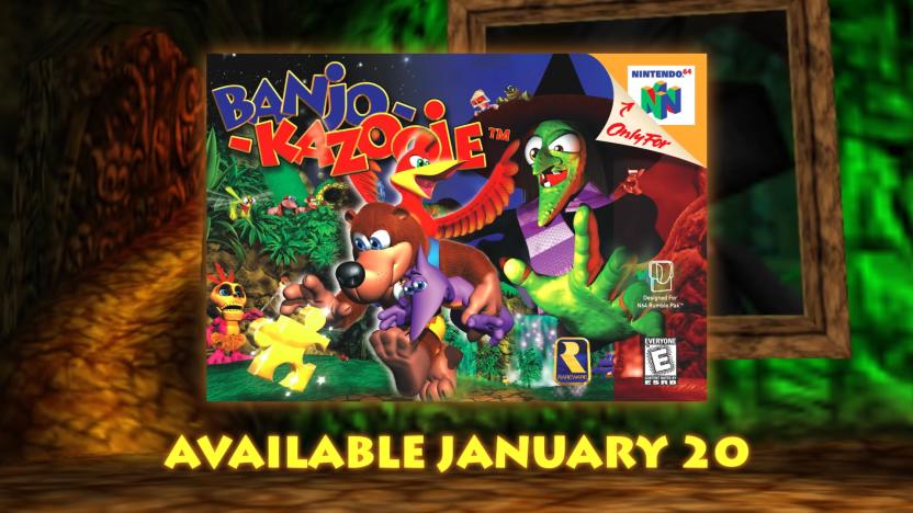 The box cover art for Nintendo 64 game Banjo-Kazooie and its release date (January 20th) on Nintendo Switch Online + Expansion Pack.