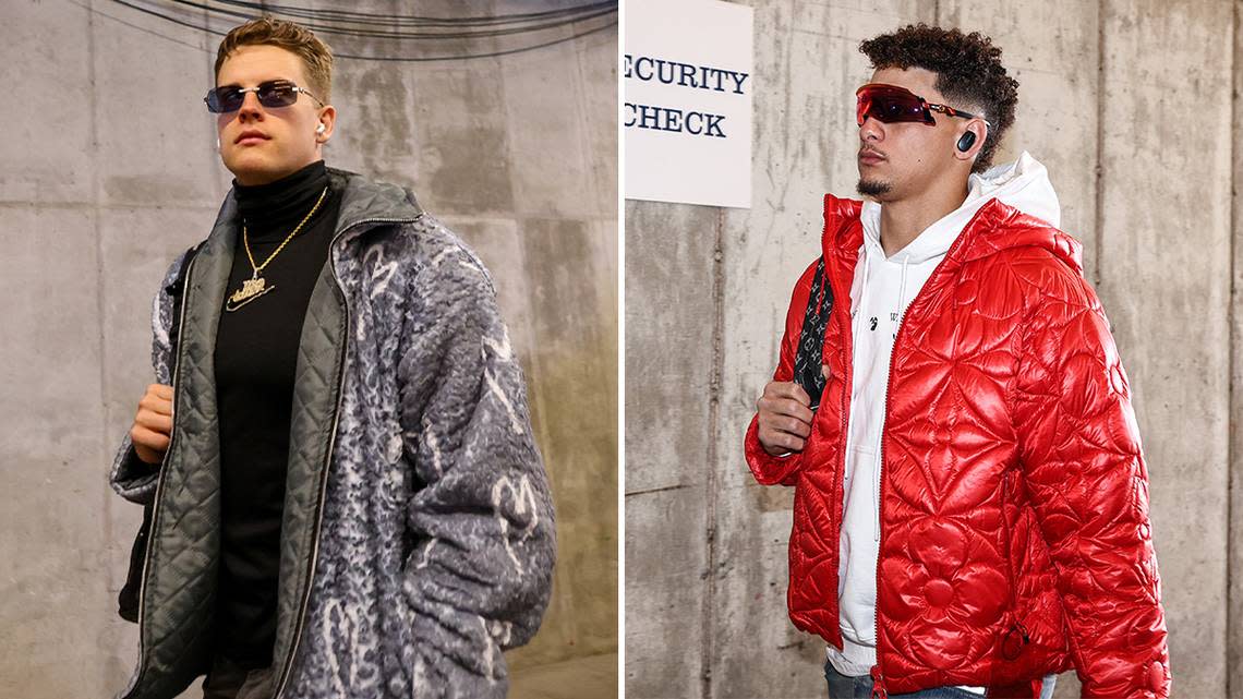 Ear buds and designer shades. Joe Burrow, Pat Mahomes arrive for AFC title game
