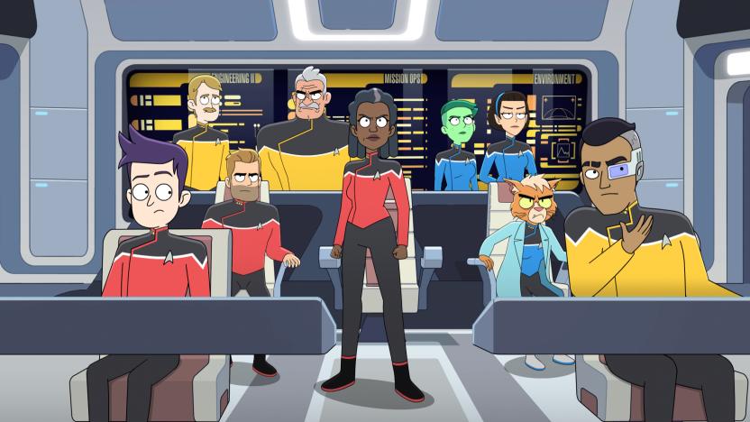 L-R Jack Quaid as Brad Boimler, Jerry OâConnell as Jack Ransom, Fred Tatasciore as Lieutenant Shaxs, Dawnn Lewis as Captain Carol Freeman, NoÃ«l Wells as Tendi, Gabrielle Ruiz as T\'Lynn, and Eugene Cordero as Rutherford in episode 10, season 4 of Lower Decks streaming on Paramount+, 2023. Photo Credit: Paramount+ 